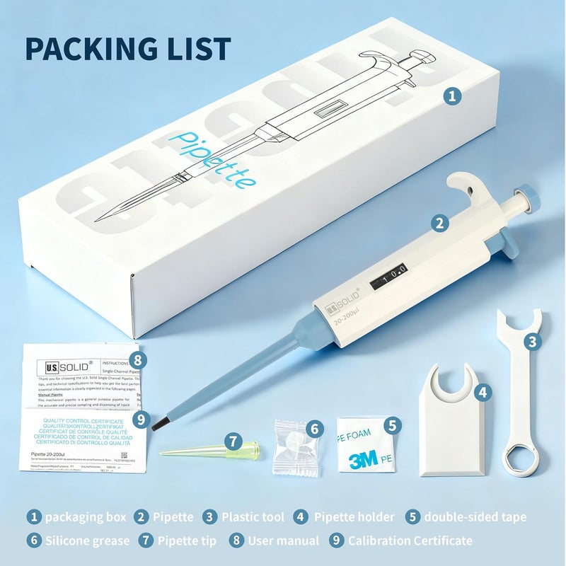 U.S. Solid 20-200 μL Single Channel Pipette - Adjustable Scientific Micropipette High Accuracy Pipettor - Image 4